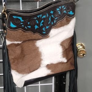 Myra two tone tooled teal cowhide purse